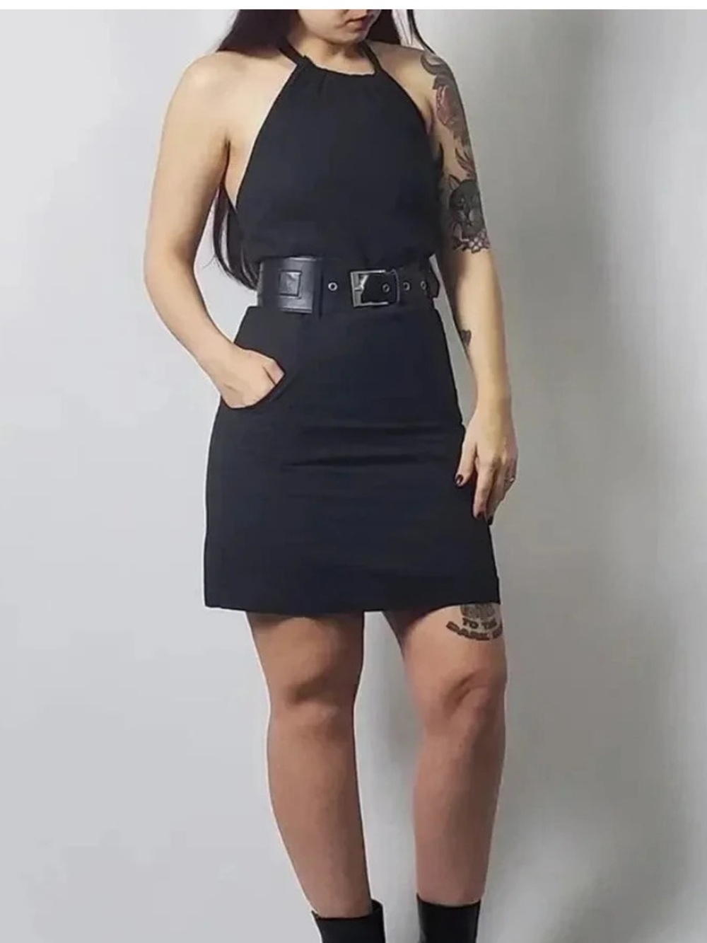 Guess Black Halter Mini Dress with Wide Belt